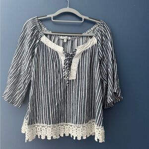 Crave Fame Black and White Striped Blouse with Lace Detail
